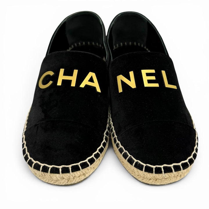 Excellent CHANEL Slip-on Logo design velour black Velor Women 37 G34012