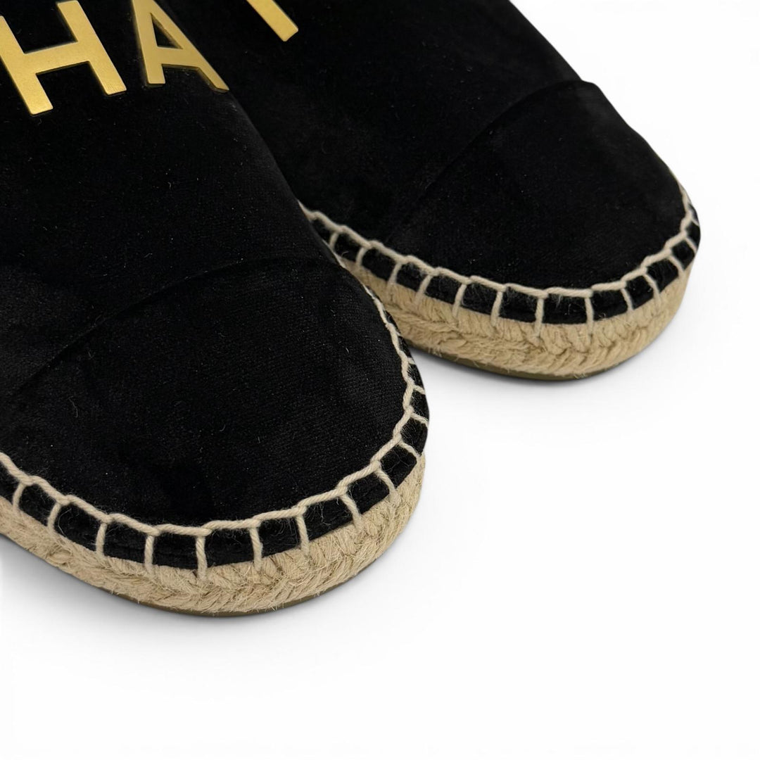 Excellent CHANEL Slip-on Logo design velour black Velor Women 37 G34012