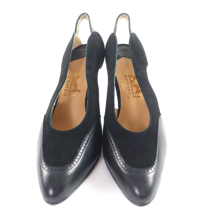 Discounted Excellent HERMES pumps Pointed toe leather black leather Women 36