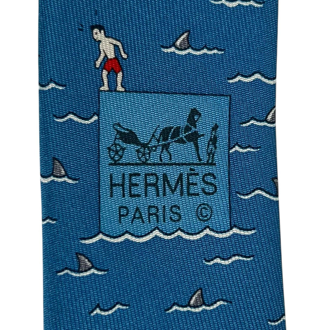 Pristine HERMES tie GREY REEF Light blue silk mens