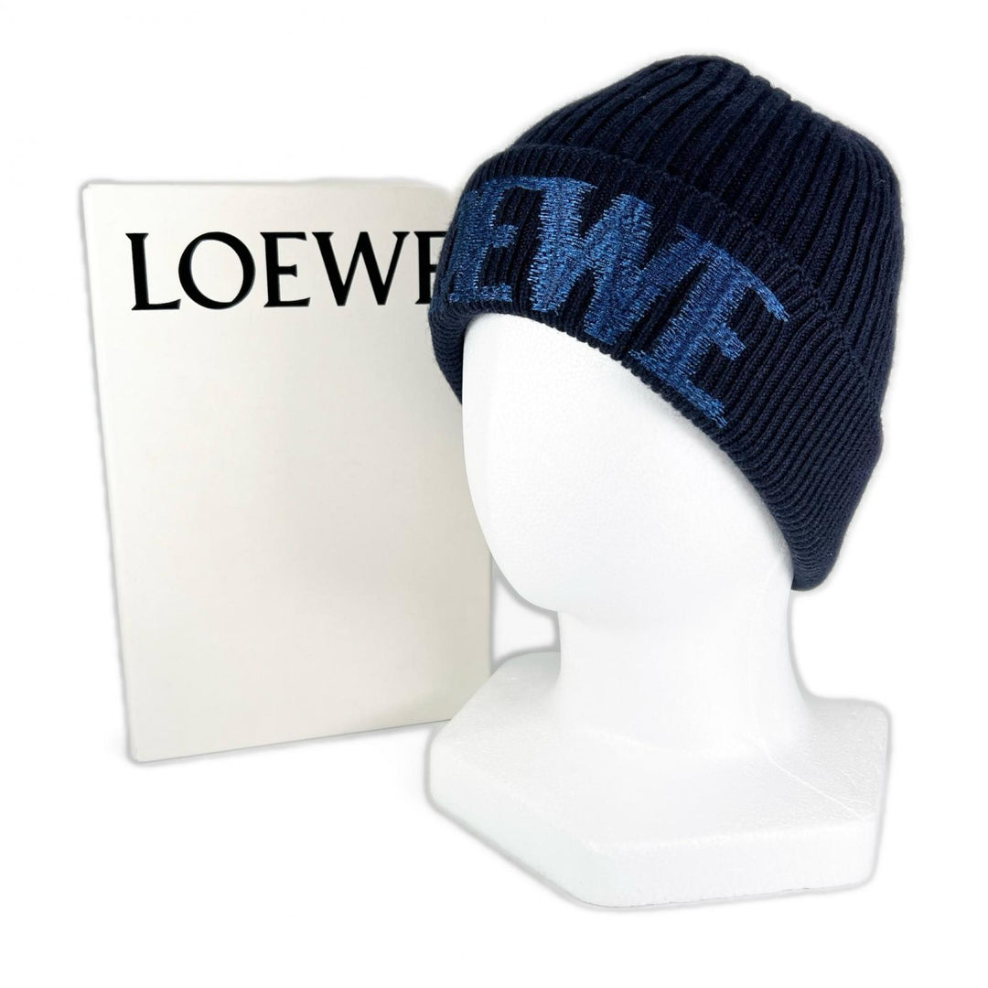 Pristine LOEWE Knit cap Logo design beanie Navy blue wool Women F540257X23