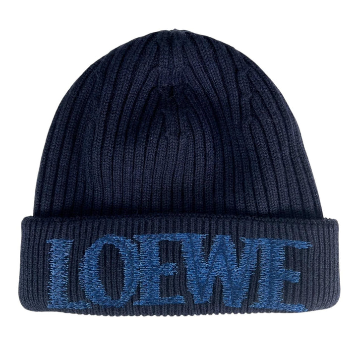 Pristine LOEWE Knit cap Logo design beanie Navy blue wool Women F540257X23