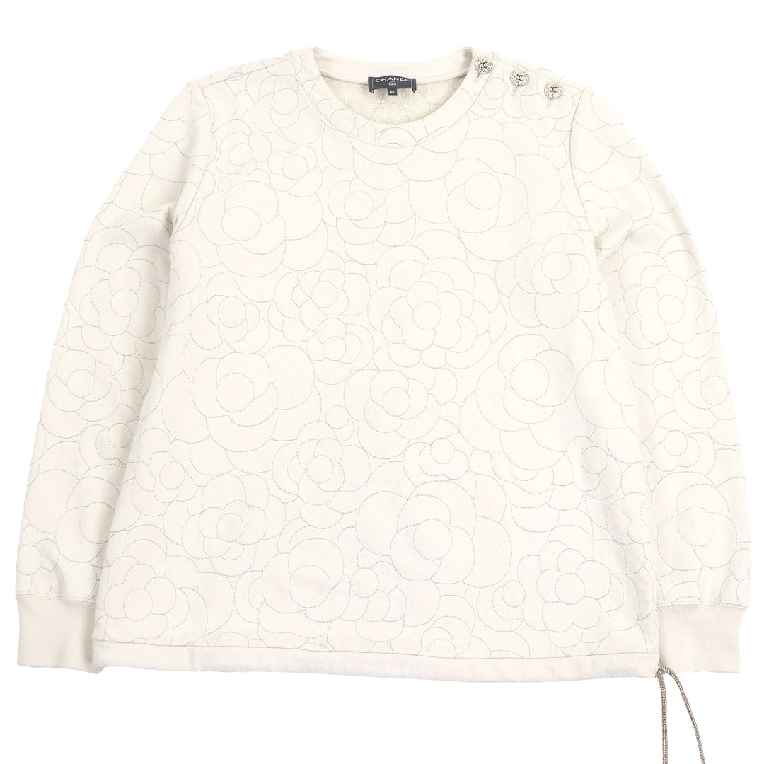 Excellent CHANEL sweat COCO Mark Button, Camellia Stitch, Rare Size beige cotton