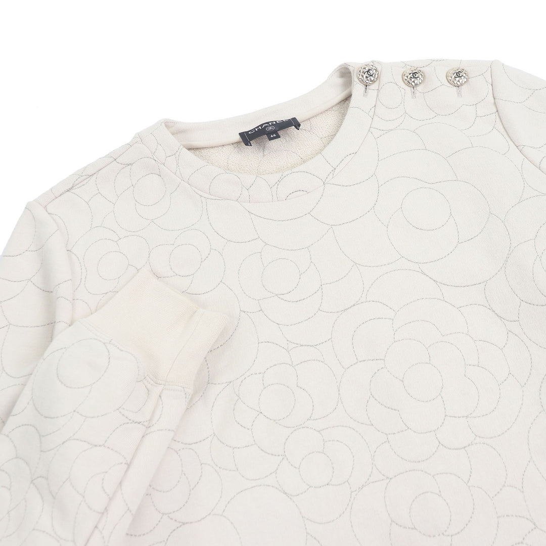 Excellent CHANEL sweat COCO Mark Button, Camellia Stitch, Rare Size beige cotton