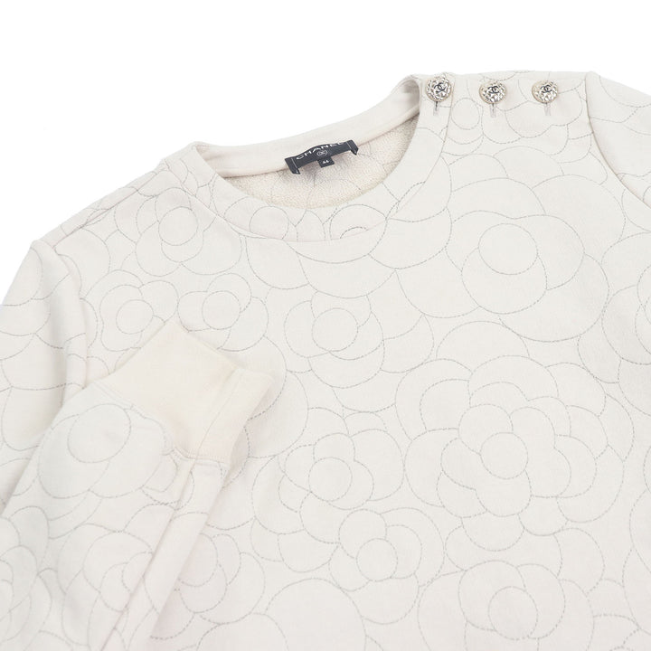 Excellent CHANEL sweat COCO Mark Button, Camellia Stitch, Rare Size beige cotton