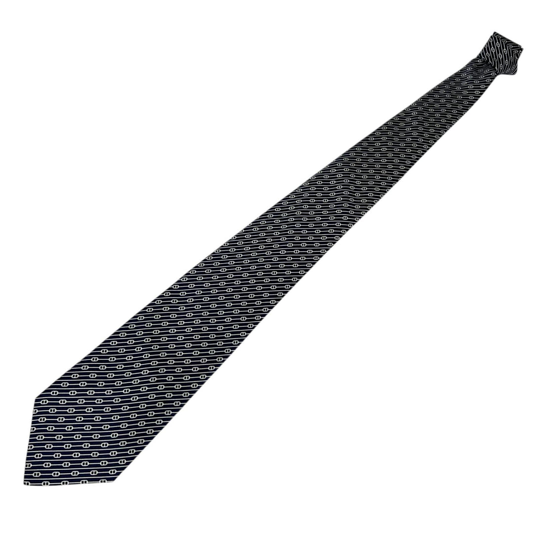 Pristine HERMES tie Chaine Pattern Navy silk mens 5500 UA