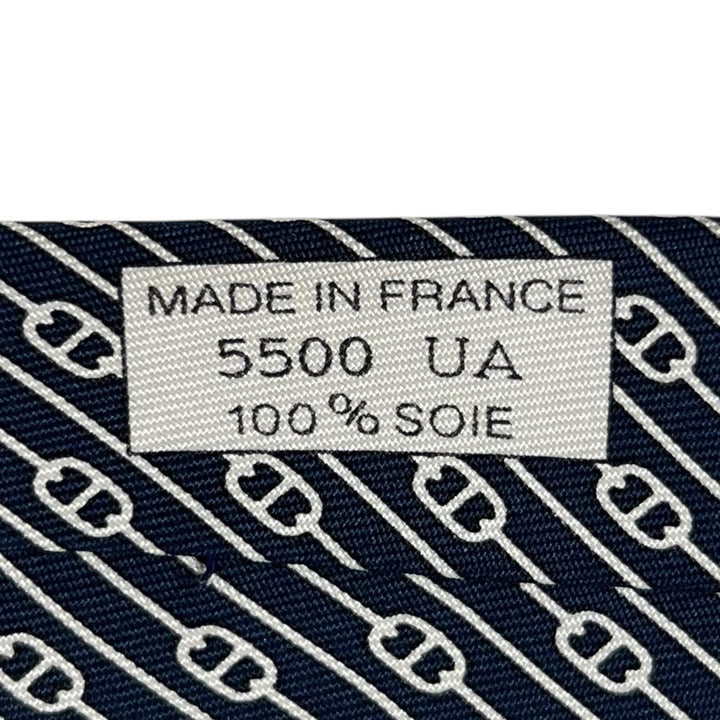 Pristine HERMES tie Chaine Pattern Navy silk mens 5500 UA