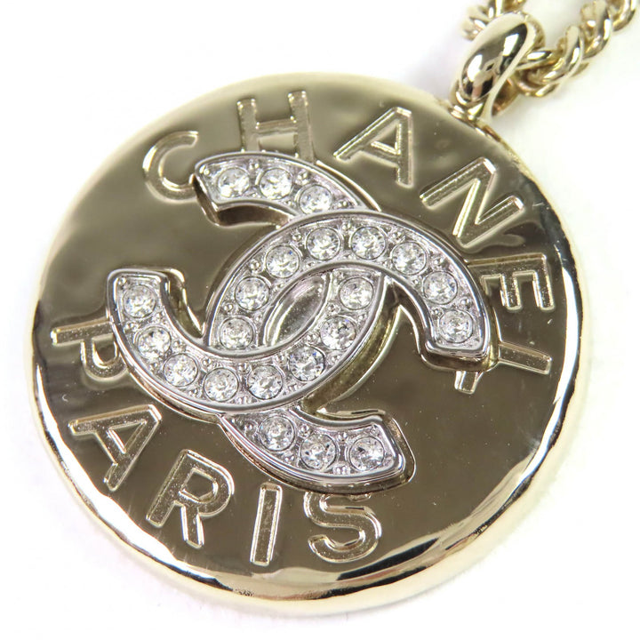 Pristine CHANEL Necklace COCO Mark Rhinestone Logo Medal Top Pendant gold B25A