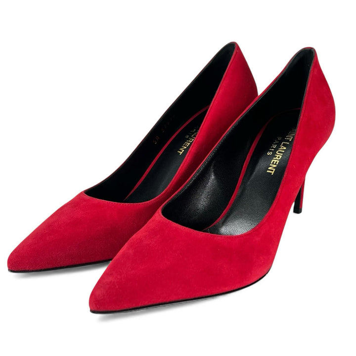 Pristine SAINT LAURENT pumps pointed toe stiletto heels Red Suede leather 37.5