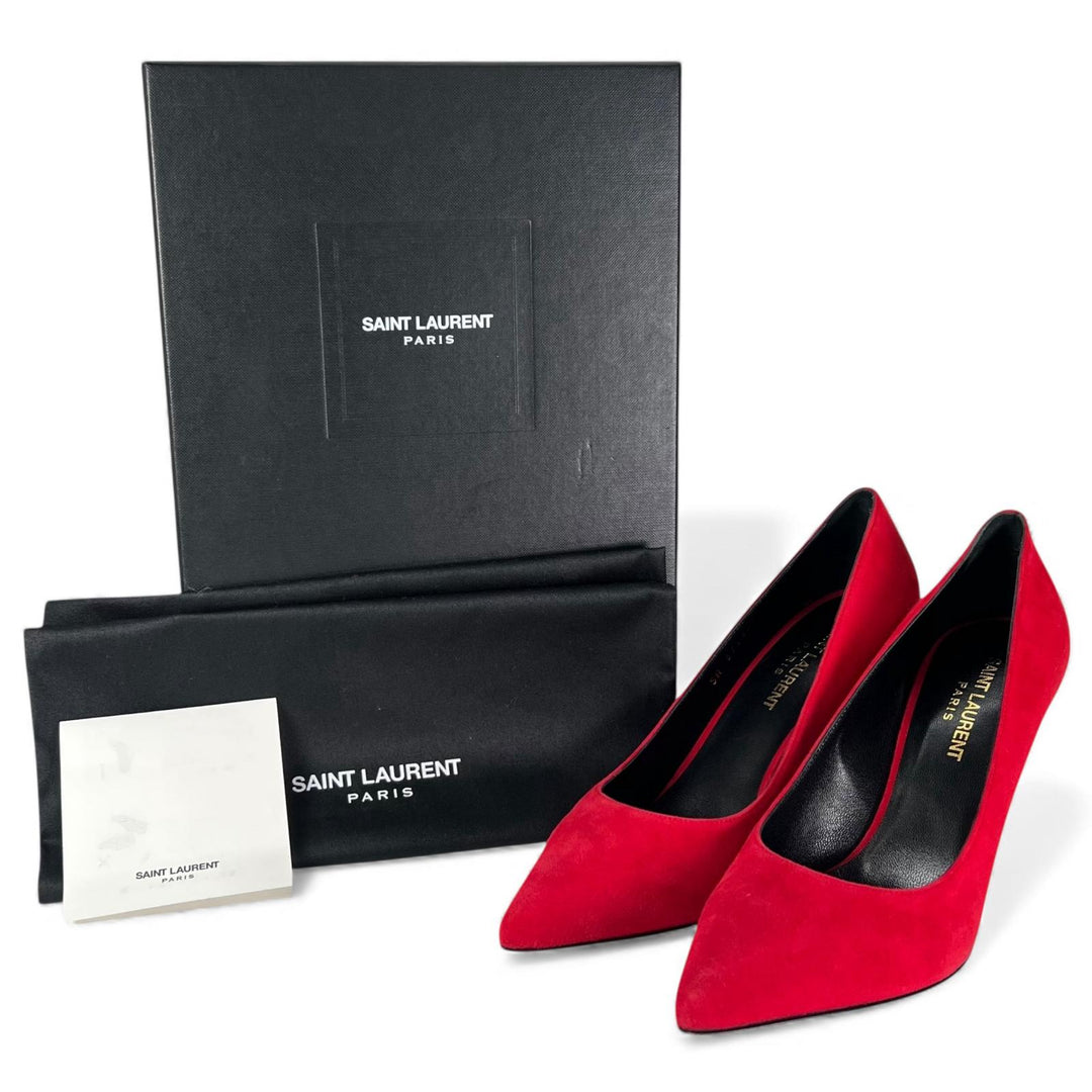 Pristine SAINT LAURENT pumps pointed toe stiletto heels Red Suede leather 37.5