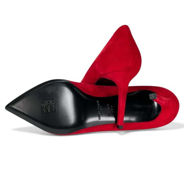 Pristine SAINT LAURENT pumps pointed toe stiletto heels Red Suede leather 37.5
