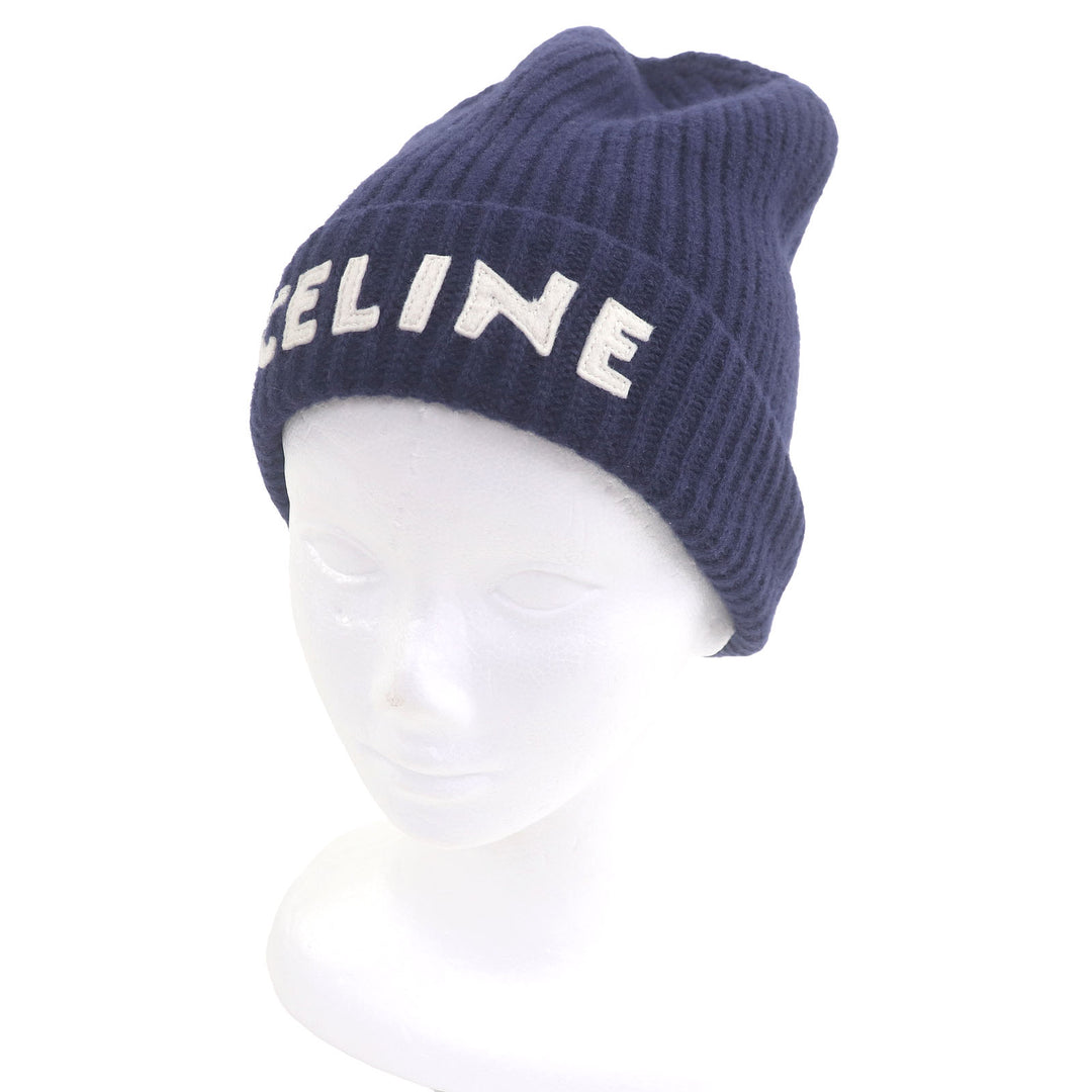 CELINE ニットキャップ ロゴパッチ ビーニー 帽子 ネイビー ウール メンズ 2AH35423P