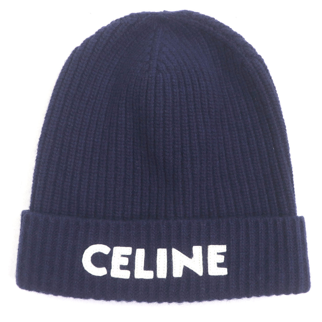 CELINE ニットキャップ ロゴパッチ ビーニー 帽子 ネイビー ウール メンズ 2AH35423P