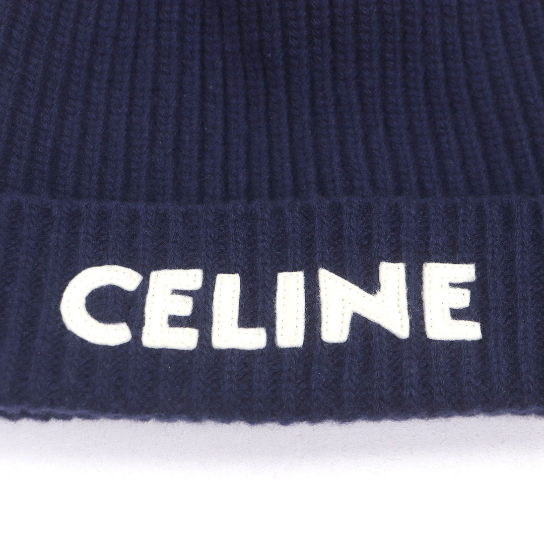 CELINE ニットキャップ ロゴパッチ ビーニー 帽子 ネイビー ウール メンズ 2AH35423P