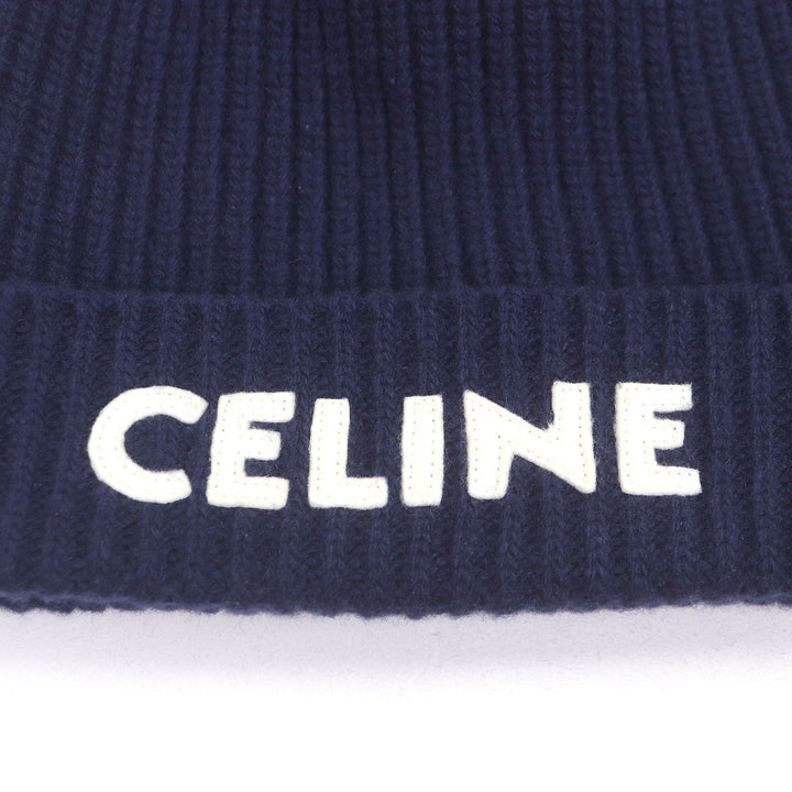 CELINE ニットキャップ ロゴパッチ ビーニー 帽子 ネイビー ウール メンズ 2AH35423P