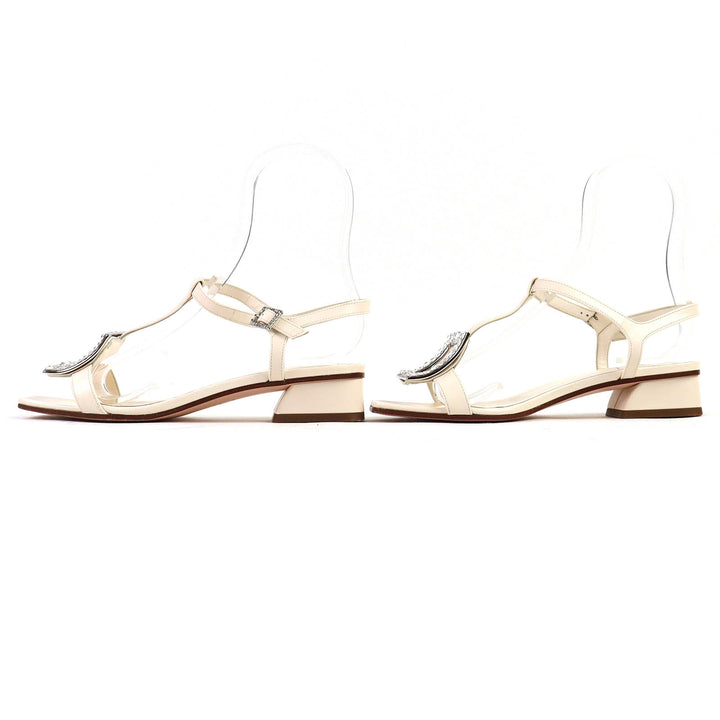 素晴らしい ROGER VIVIER サンダル ビーズ アンクル ストラップ付き スクエアトゥ レザー アイボリー 37