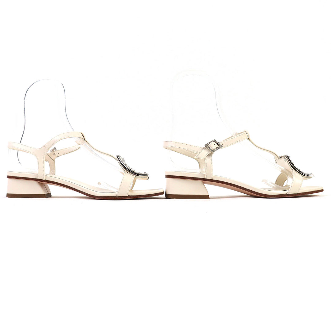 素晴らしい ROGER VIVIER サンダル ビーズ アンクル ストラップ付き スクエアトゥ レザー アイボリー 37
