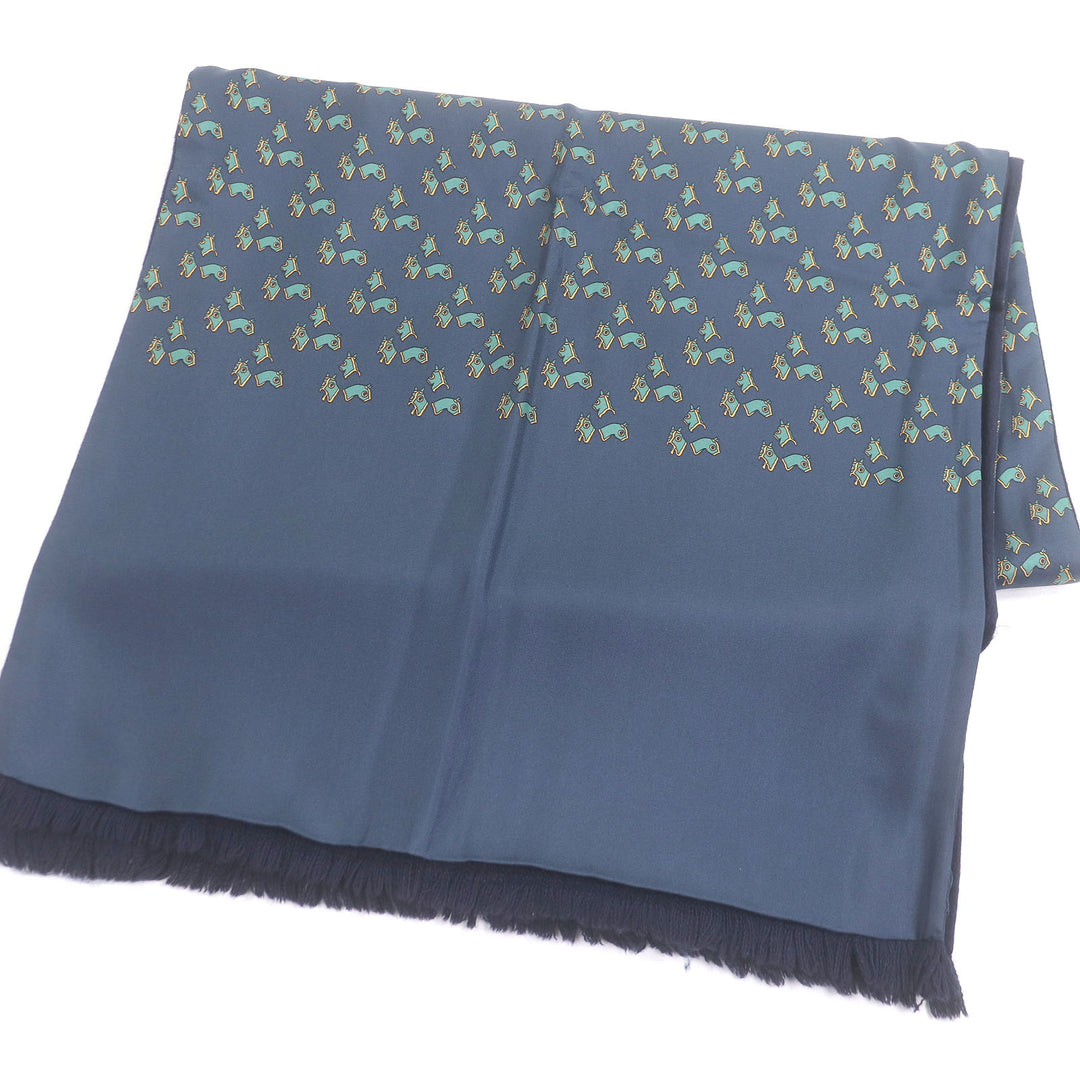 Excellent HERMES Scarf Horse harness all-over pattern Navy silk mens