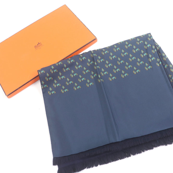 Excellent HERMES Scarf Horse harness all-over pattern Navy silk mens