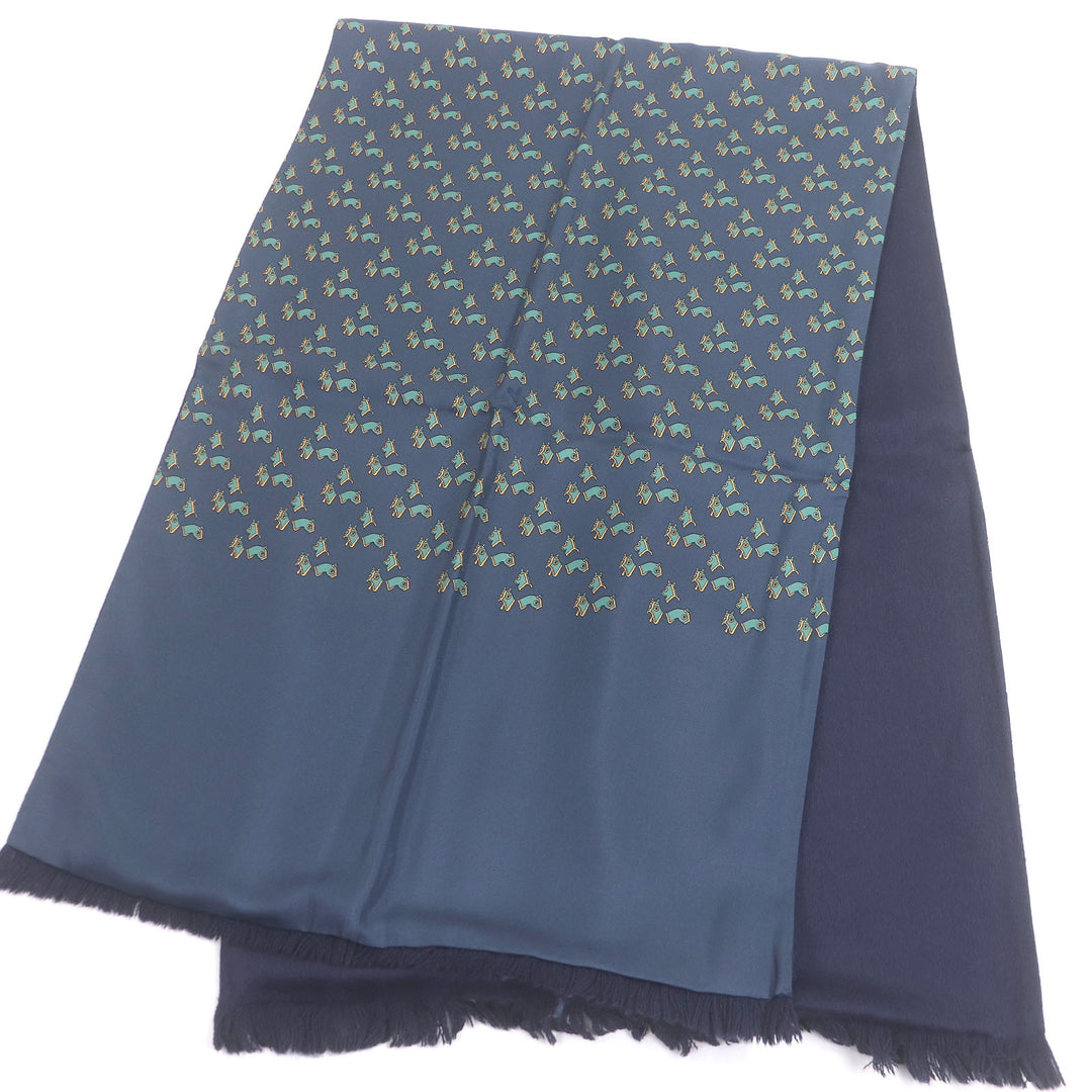 Excellent HERMES Scarf Horse harness all-over pattern Navy silk mens