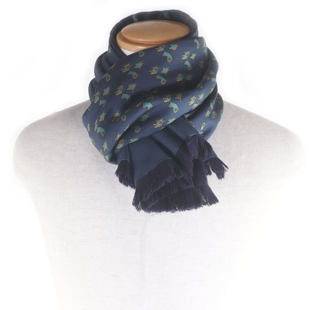 Excellent HERMES Scarf Horse harness all-over pattern Navy silk mens