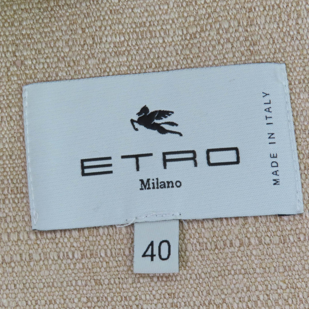 素晴らしいETROテーラードジャケットペガサスボタンロング丈ベージュリネンレディース40
