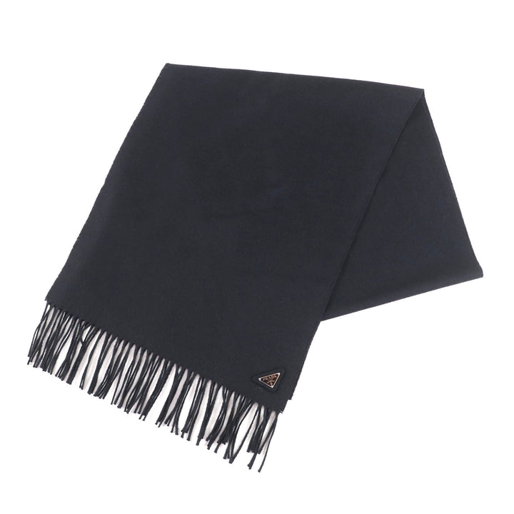Great PRADA Scarf Triangle with logo and fringe black silk Women 1FS047