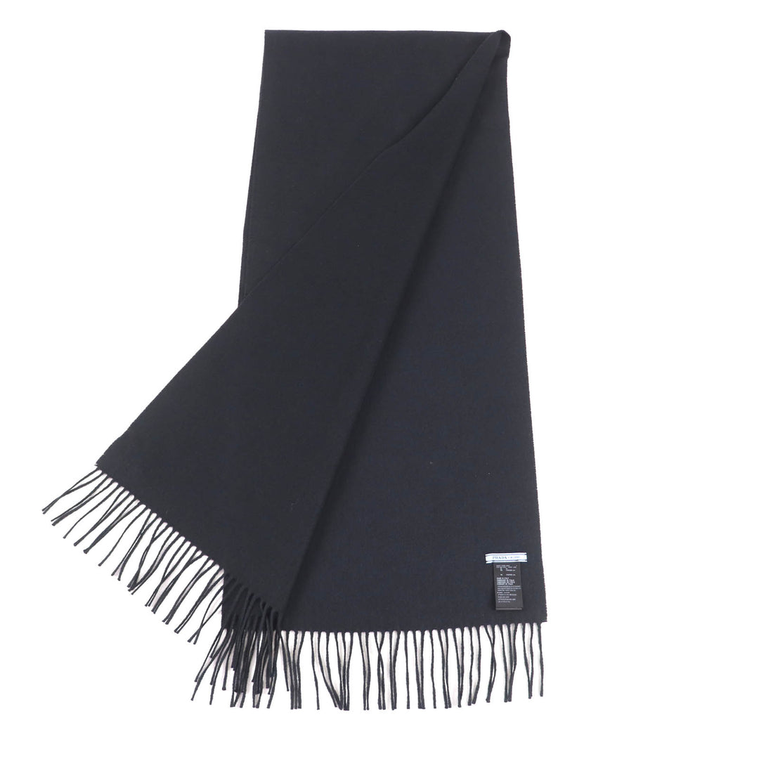 Great PRADA Scarf Triangle with logo and fringe black silk Women 1FS047