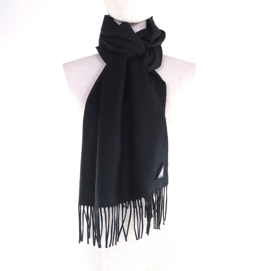 Great PRADA Scarf Triangle with logo and fringe black silk Women 1FS047