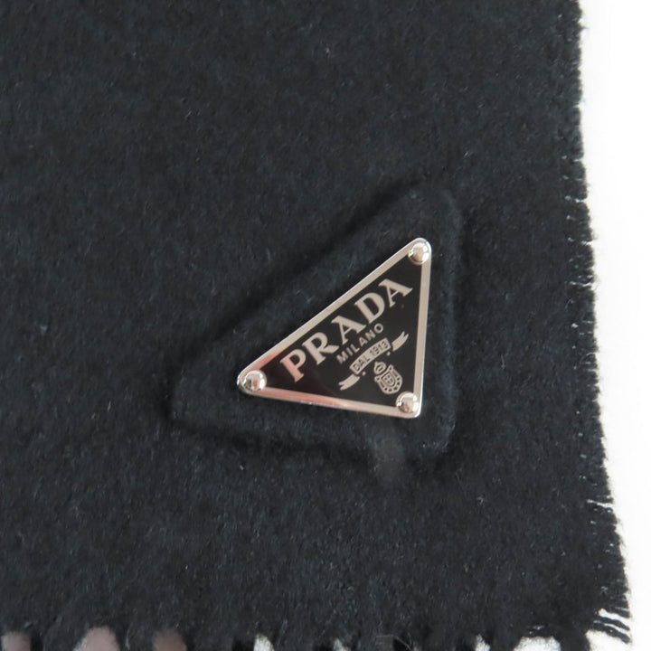 Great PRADA Scarf Triangle with logo and fringe black silk Women 1FS047