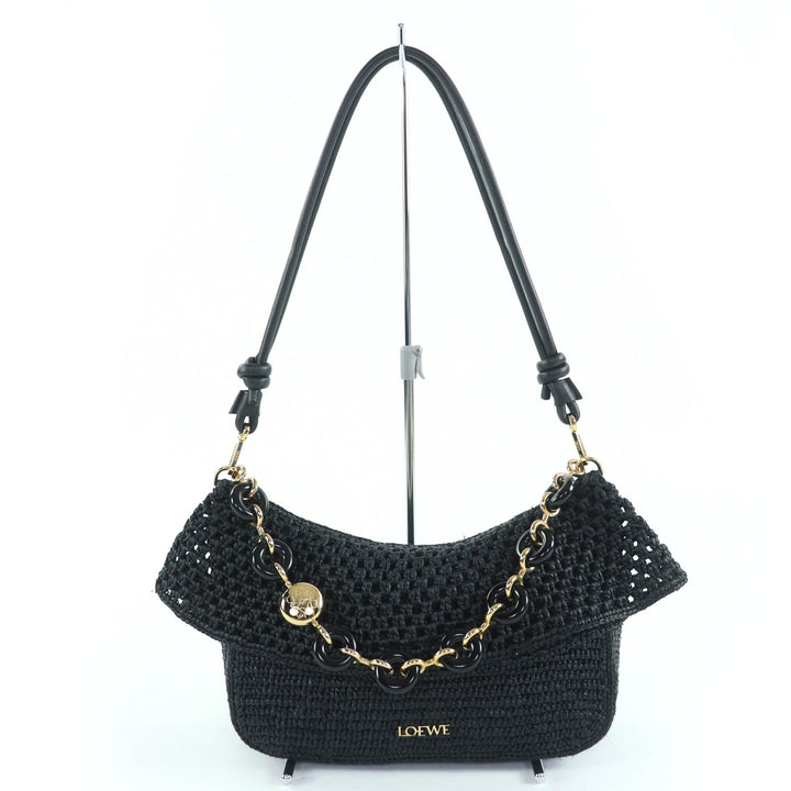 素晴らしい LOEWE ハンドバッグ Ora 2Way ショルダーバッグ メタルロゴ ブラック ラフィア レディース