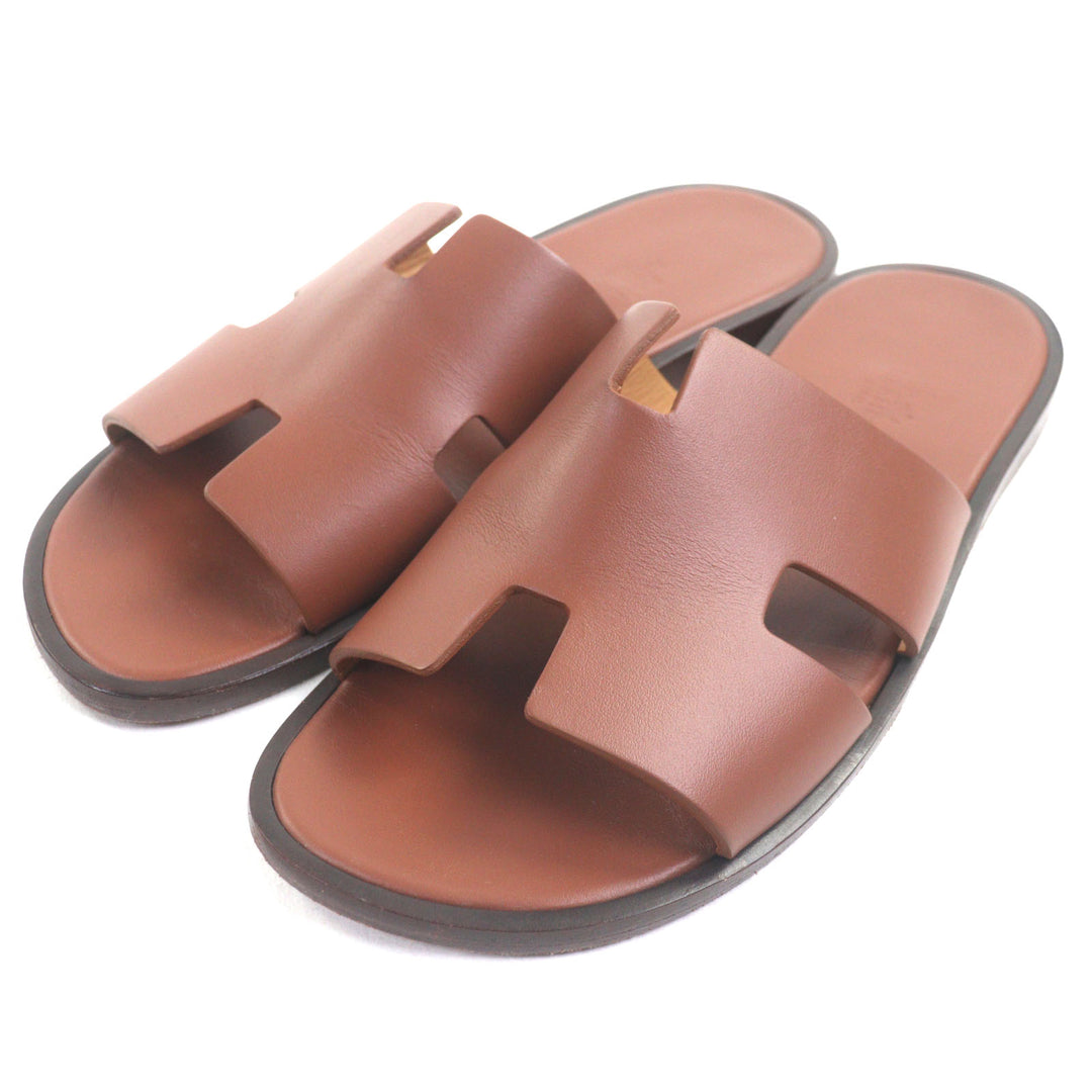 Great HERMES Sandals Izmir H logo slide Brown leather mens 41