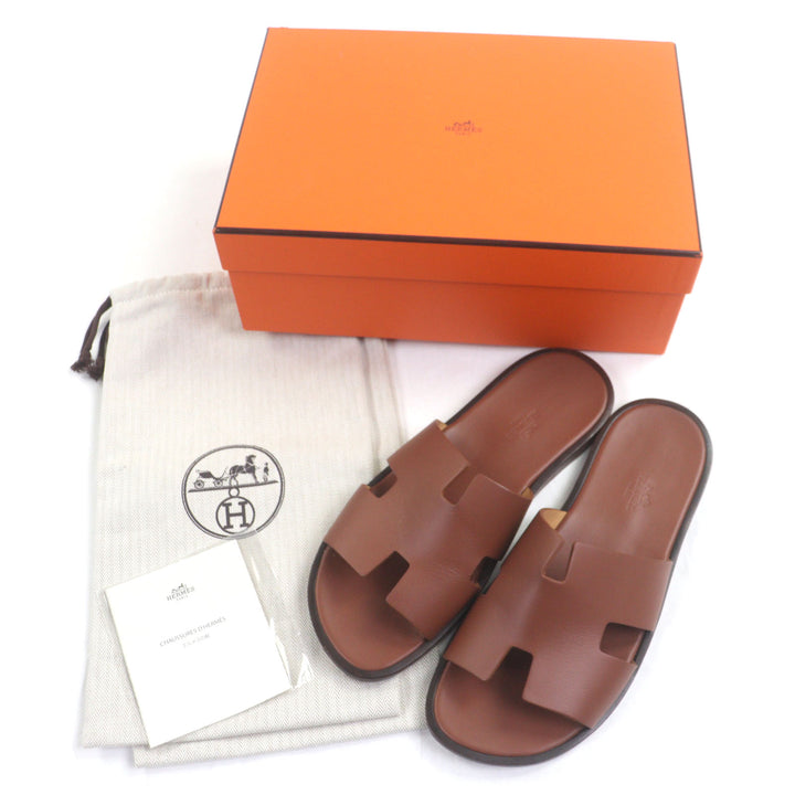 Great HERMES Sandals Izmir H logo slide Brown leather mens 41