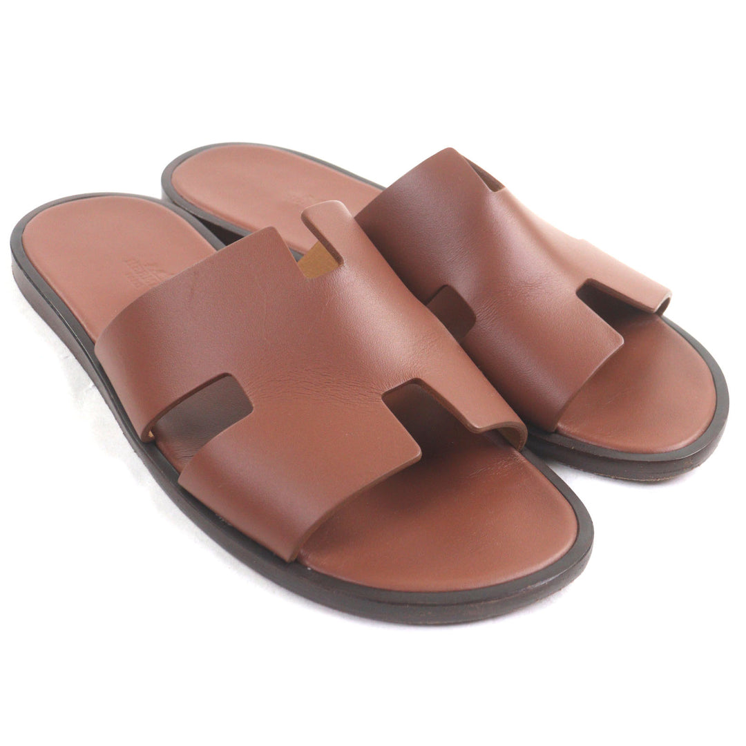 Great HERMES Sandals Izmir H logo slide Brown leather mens 41