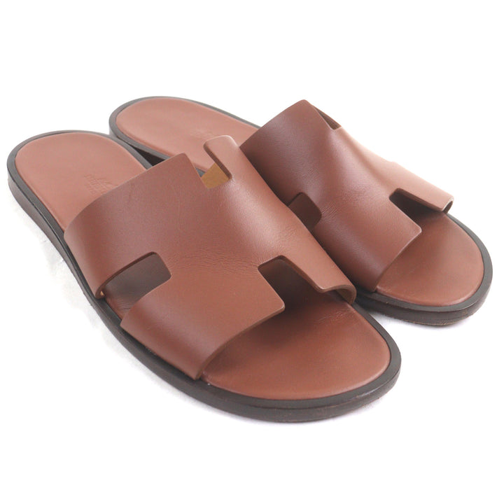 Great HERMES Sandals Izmir H logo slide Brown leather mens 41