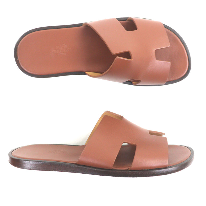Great HERMES Sandals Izmir H logo slide Brown leather mens 41