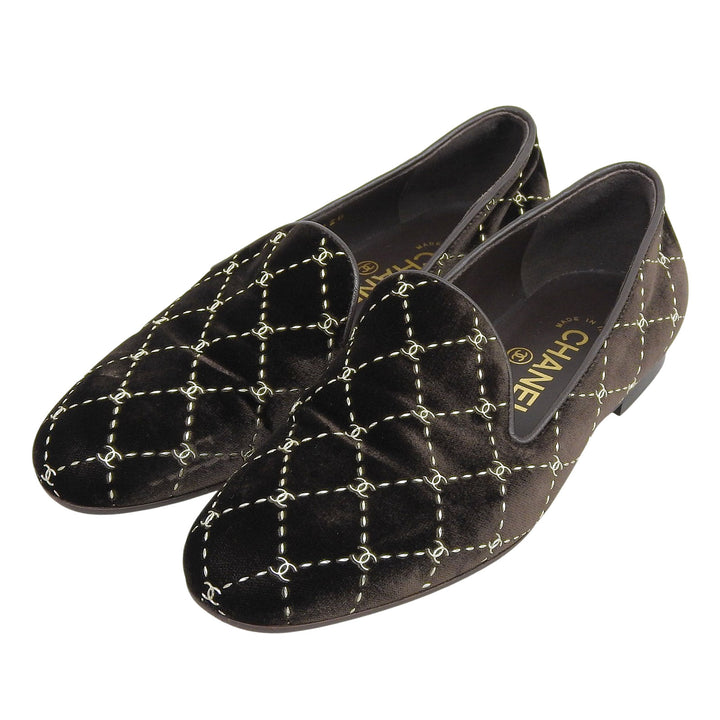 Great CHANEL Matelassé Stitch COCO Mark Velour Opera Shoes Dark brown 35 G33126