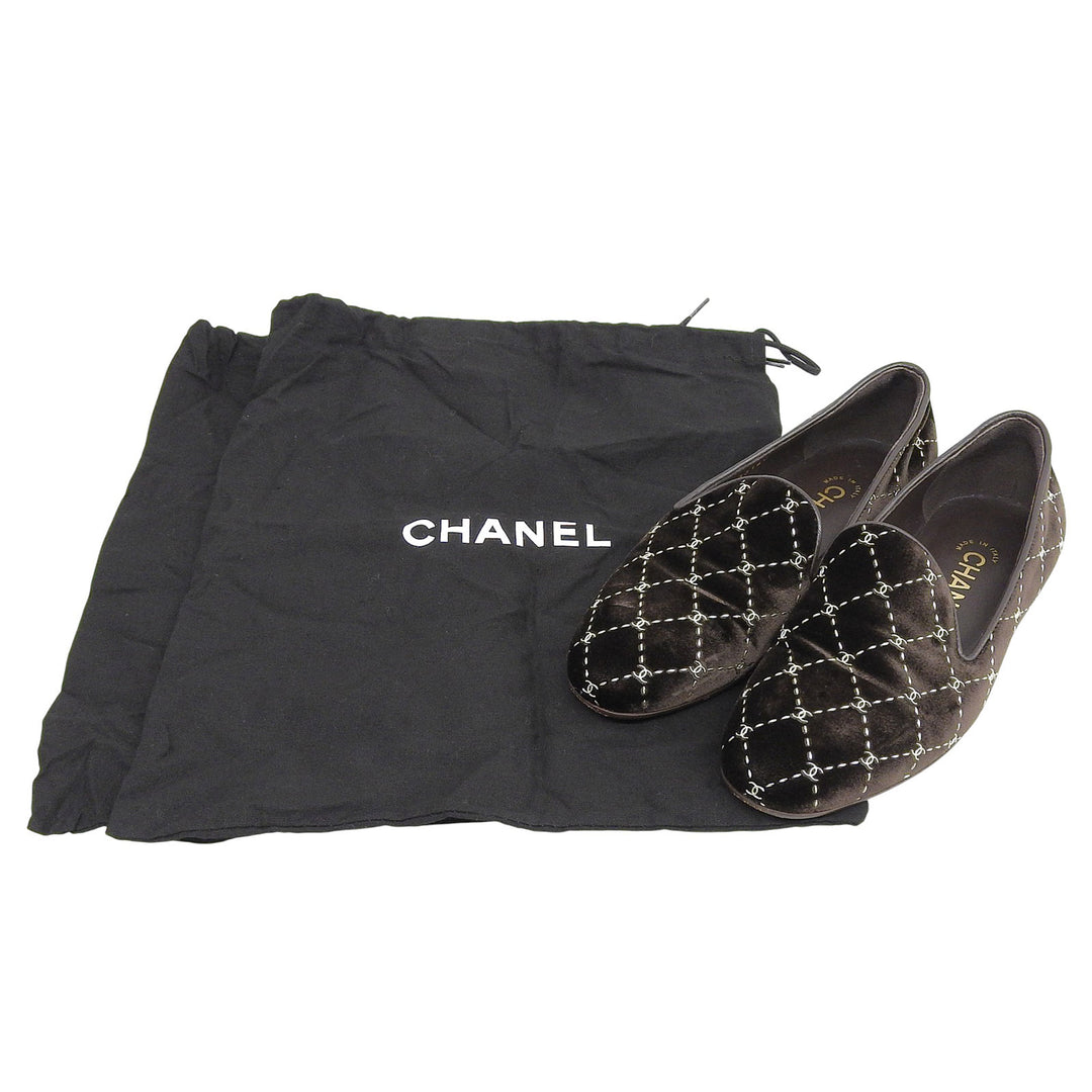 Great CHANEL Matelassé Stitch COCO Mark Velour Opera Shoes Dark brown 35 G33126