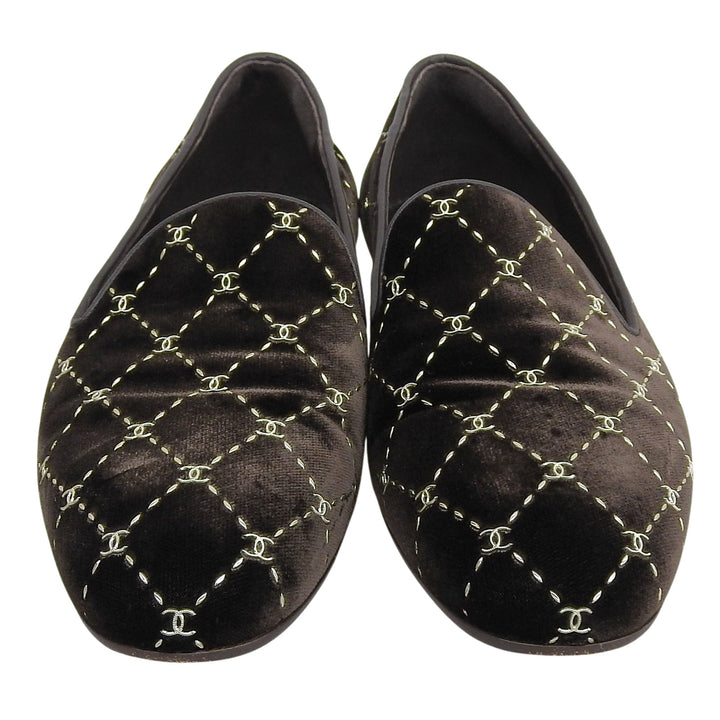 Great CHANEL Matelassé Stitch COCO Mark Velour Opera Shoes Dark brown 35 G33126