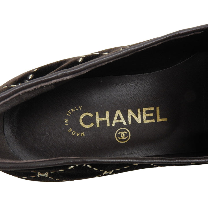 Great CHANEL Matelassé Stitch COCO Mark Velour Opera Shoes Dark brown 35 G33126