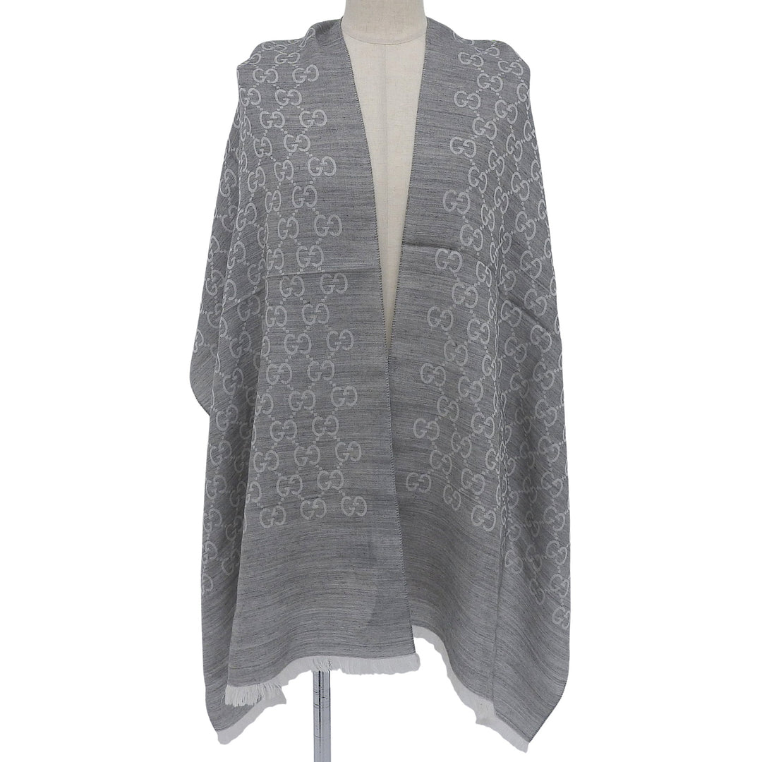 Excellent GUCCI Stall GG pattern with fringe gray wool Women