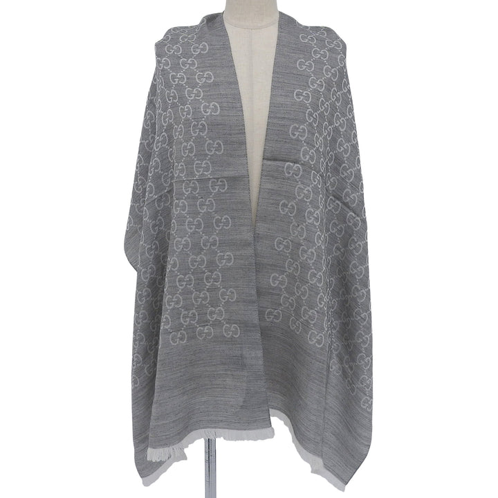 Excellent GUCCI Stall GG pattern with fringe gray wool Women