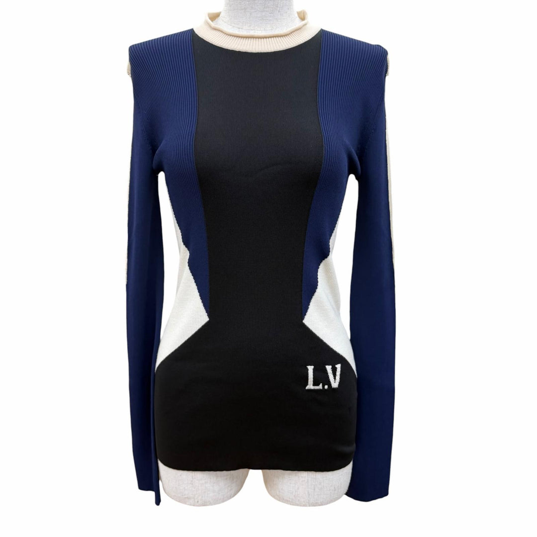 Great LOUIS VUITTON knit LV logo long-sleeved shirt Navy wool Women XS