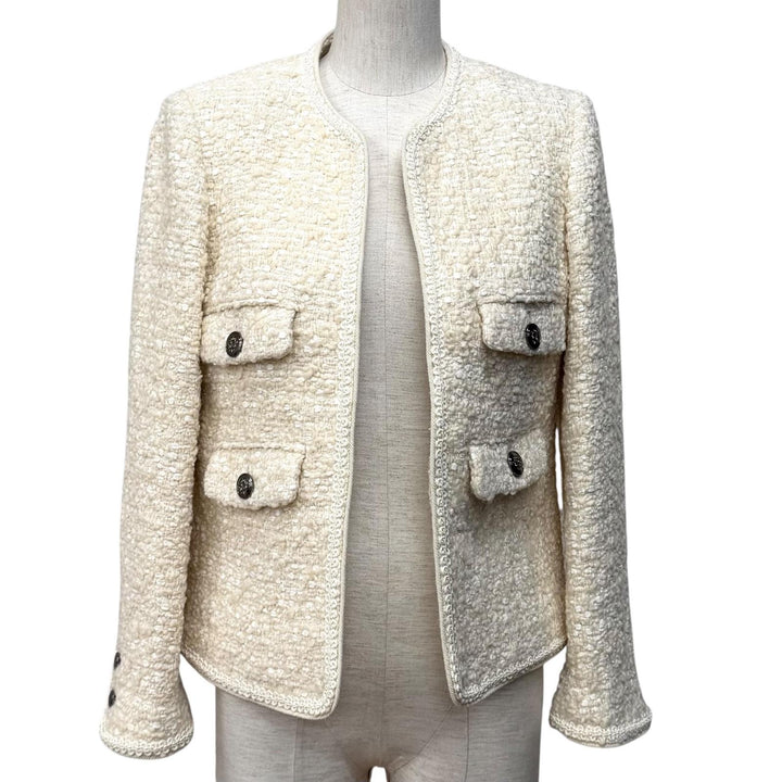 Excellent THIRD MAGAZINE mikomori collarless jacket off white wool 9 A0823FJ