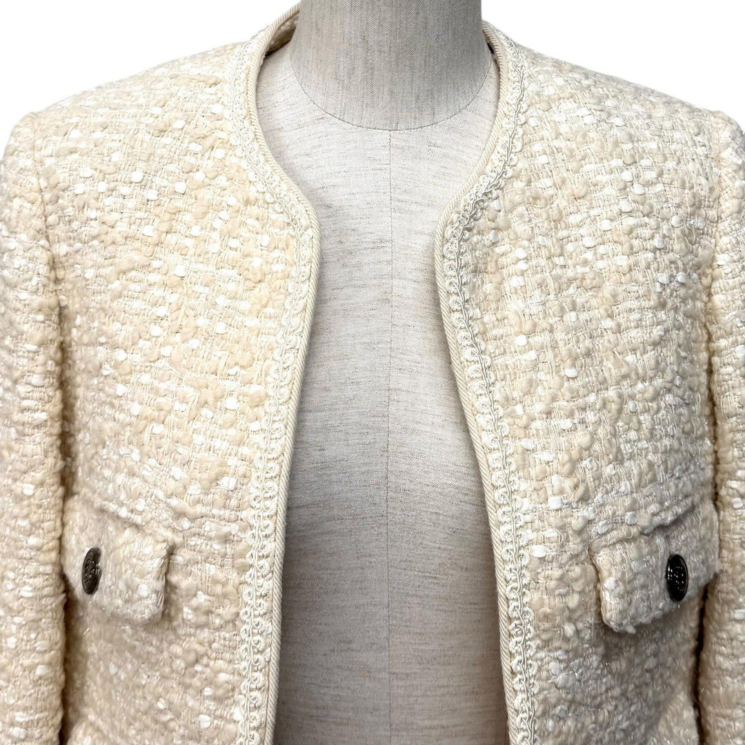Excellent THIRD MAGAZINE mikomori collarless jacket off white wool 9 A0823FJ