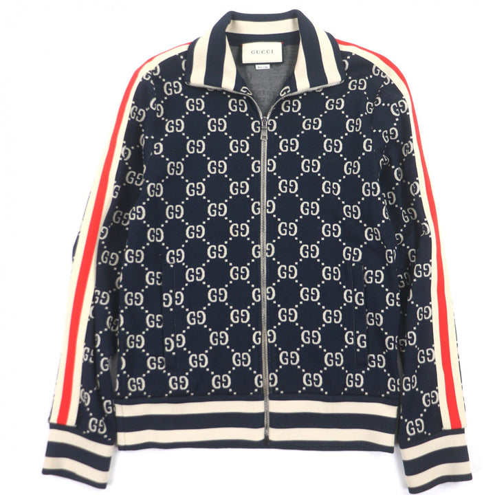 Great GUCCI Track jacket GG Jacquard Zip-Up Blouson Navy cotton mens S 496919