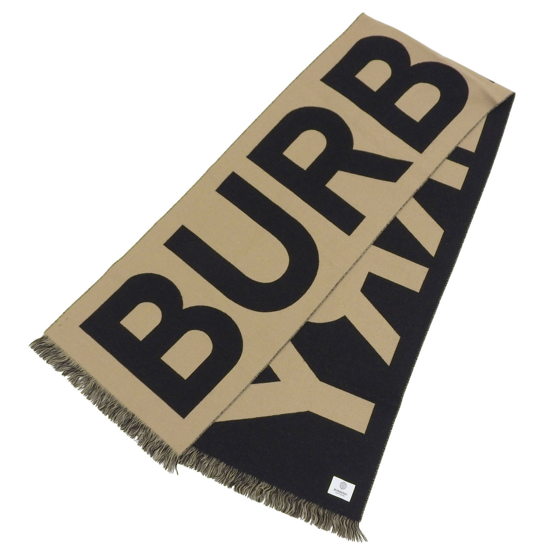 Great BURBERRY Scarf Logo jacquard with fringe beige wool Women 8035525