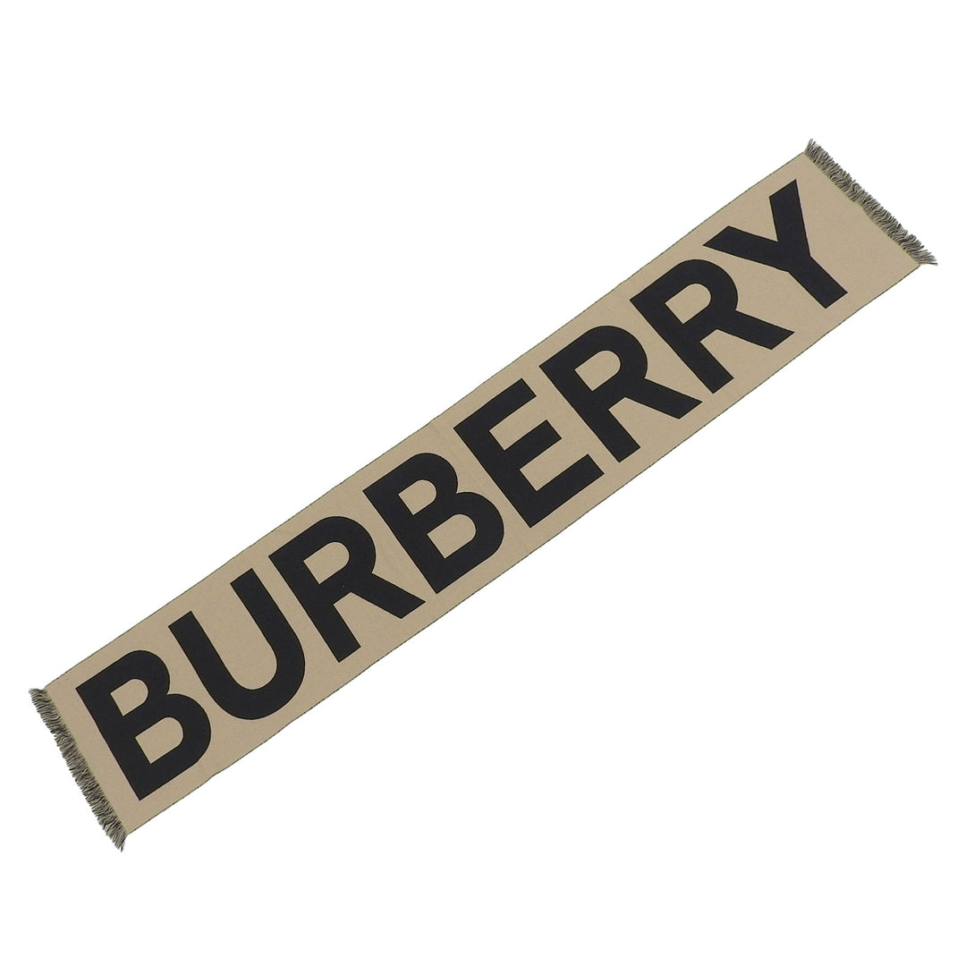 Great BURBERRY Scarf Logo jacquard with fringe beige wool Women 8035525