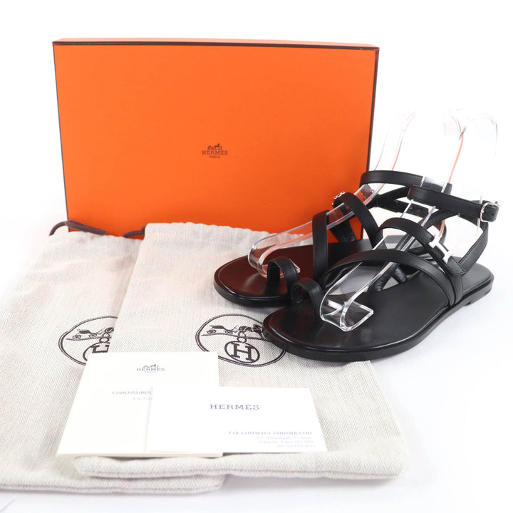 HERMES サンダル アルモニ Hロゴ アンクルストラップ レザー フラットシューズ 38 232080Z 美品