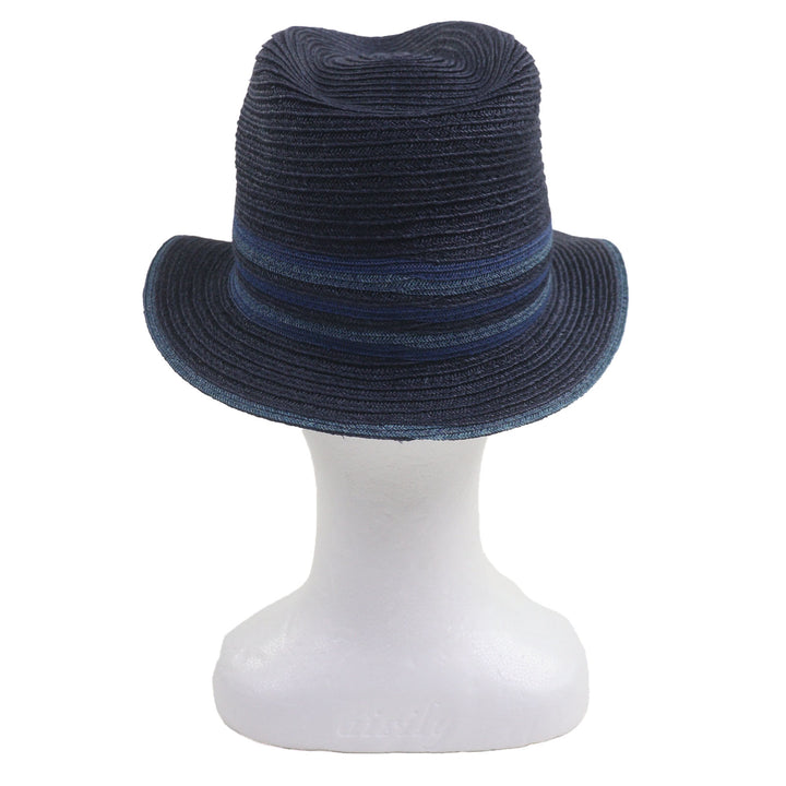 Excellent HERMES hat Raffia Serie Button Fedora Straw Navy Hemp mens 58